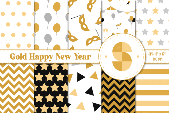 Gold Happy New Year Digital Paper and Gold Happy New Year Seamless Pattern Digital Paper Printable Bundle